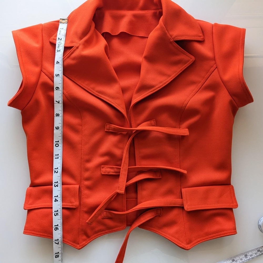 Vintage 70s Mod Cropped Top Vest XS/S Orange Tie Front Waistcoat Space Age - Picture 14 of 14